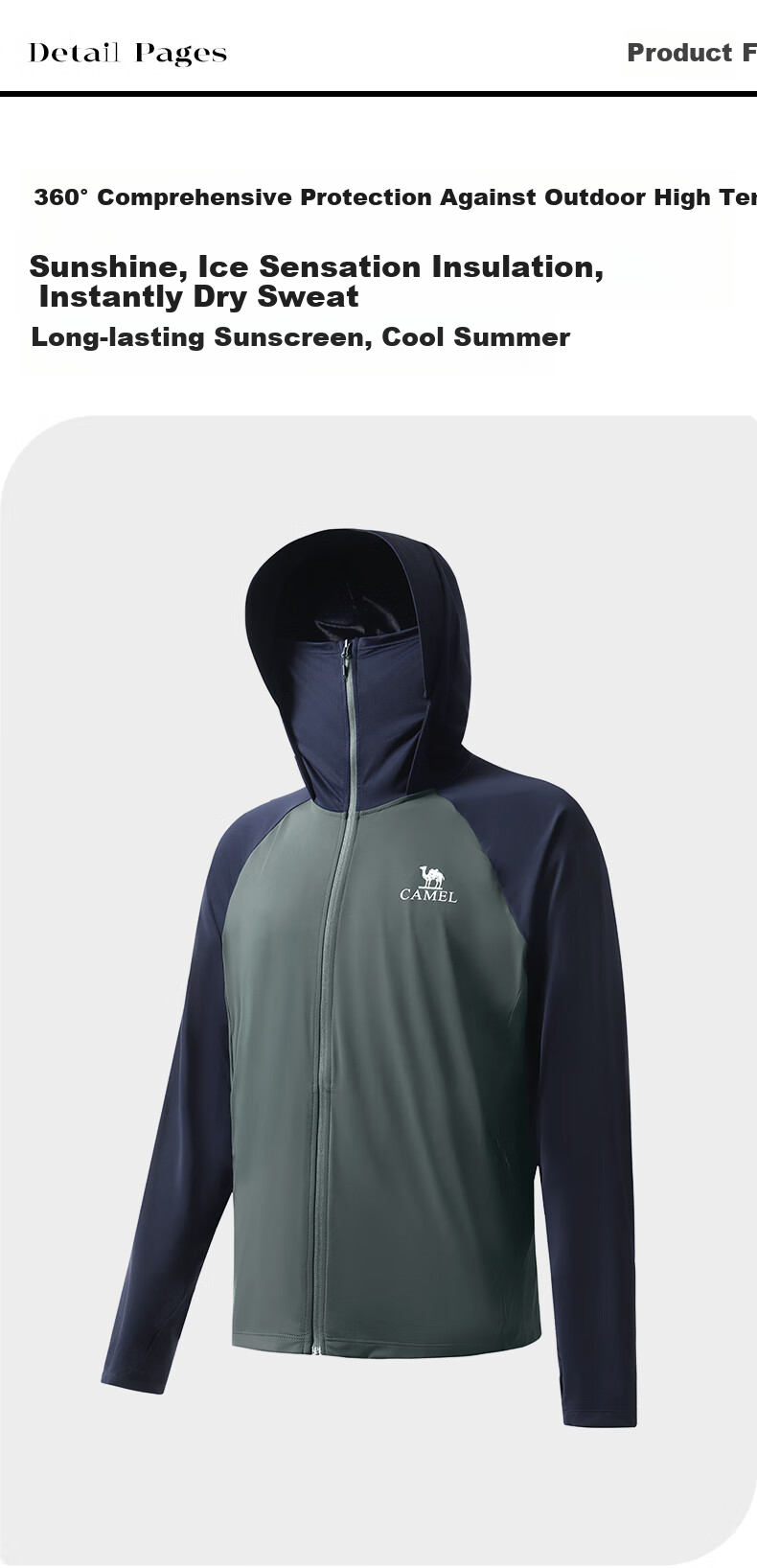 CAMEL Outdoor Cooling Sun Protection Clothing, UV-Resistant, Breathable Spring And Summer Original Yarn 1004, Ice Crystal Gray Phantom Black, Men's XXL 15