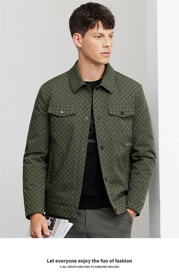 DANCING WOLVES [Trendy Checkered] Lapel Workwear Style Jacket, Easy-Care Men's Coat, 001 Black, S(165) 1