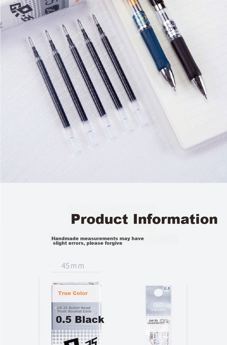 TRUECOLOR 0.5mm Black Quick-Drying Retractable Gel Pen Refill, Classic Bullet Tip Signing Pen, Ink Pen Refill, Student Office Stationery Supplies, 20 Pieces/box GR-35 7