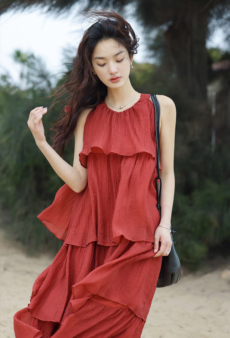 Dme [Heavy Workmanship Layered Spaghetti Strap Dress], Summer Vacation Style, Retro Brick Red, Elegant Cake Skirt 6