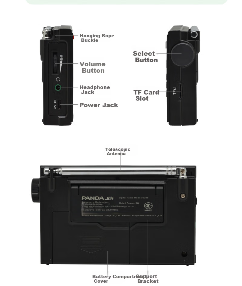 Panda 6218 Portable Bluetooth Radio, Full Bandwidth Stereo, Multifunctional Semiconductor Car Backup, Gift for Elderly 9