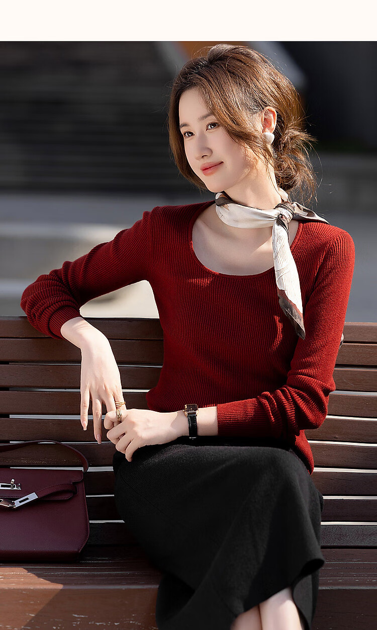 DME Winter Port Style Low Round Neck Slim Fit Concealing Long Sleeve Knit Top for Women Off-White M 13