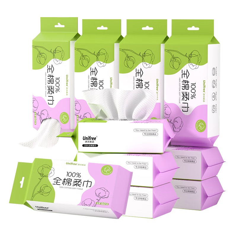 Unifree 100% Cotton Facial Wipes 60 Sheets x 10 Packs Thick Disposable Soft Cotton Towels Family Pack Makeup Remover Wipes