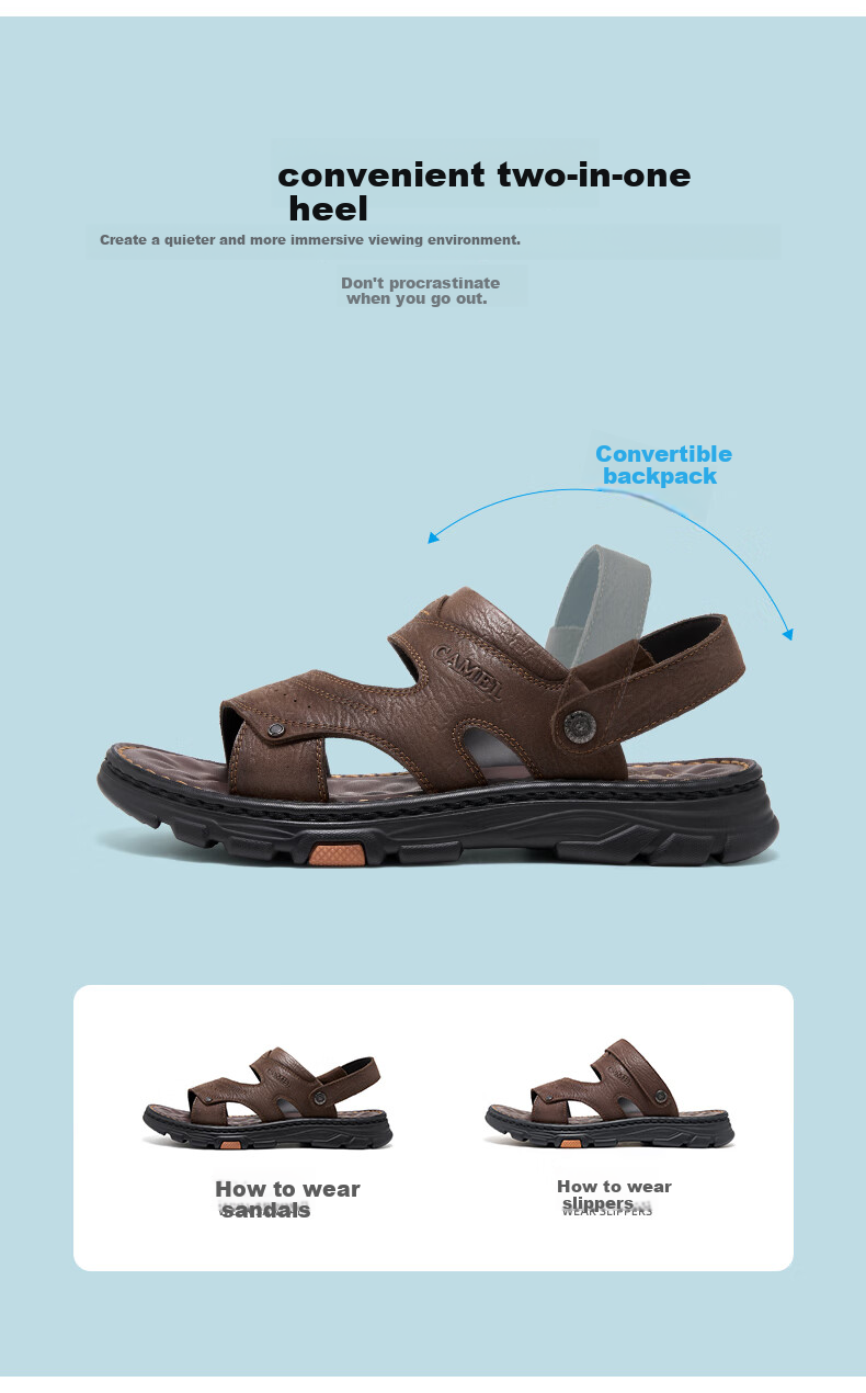 CAMEL Men's Business Dual-Wear Top-Grain Leather Beach Sandals, G13M211017, Black, Size 40 2