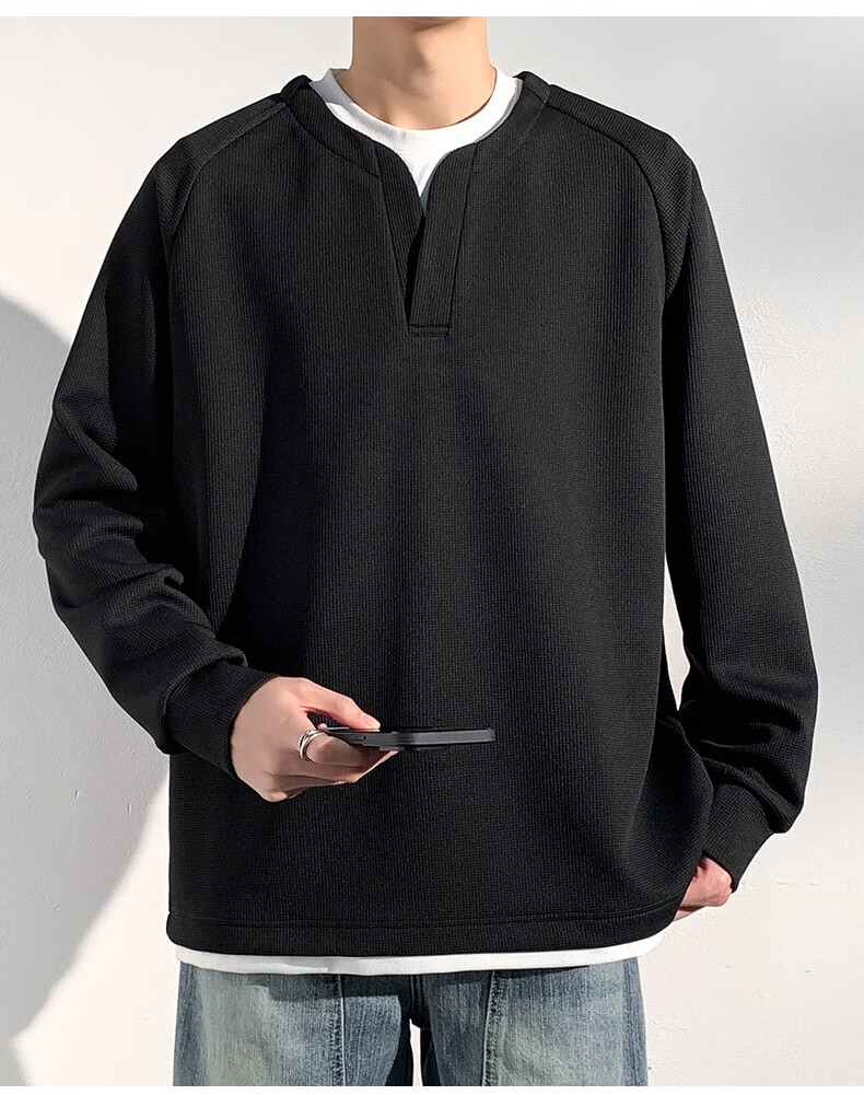 Foss Phil Men's Sweatshirt, Spring And Autumn Korean Style Patchwork Versatile Fake Two-Piece Casual Inner Layer Base Top, 2504 Black XL 12
