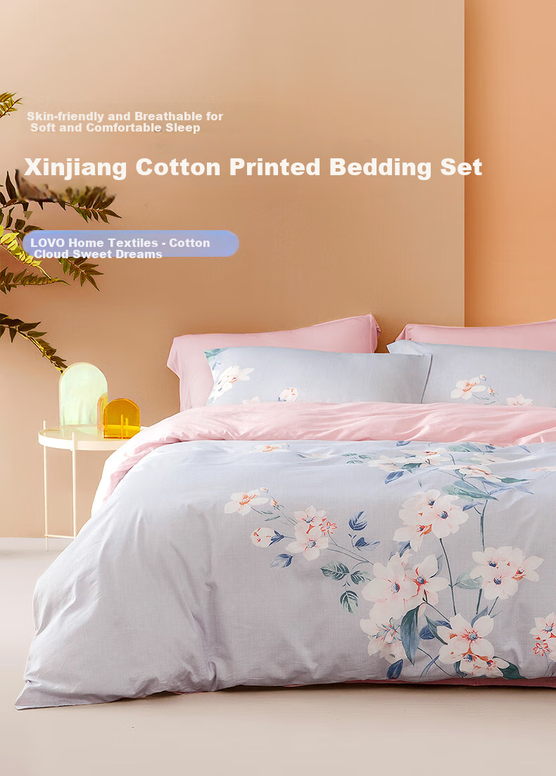 LOVO Lulaiafang Pure Cotton Four-Piece Bedding Set, Floral Pattern Bed Sheet And Duvet Cover, Double Bed Linen, 220*240cm 1