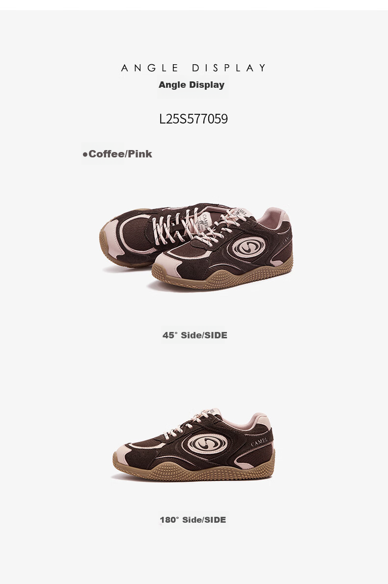 CAMEL Crescent Training Shoes for Women, Versatile Sports Sneakers, Mesh Upper, Retro Casual Shoes, L25S577059, Coffee/pink, Size 35 45