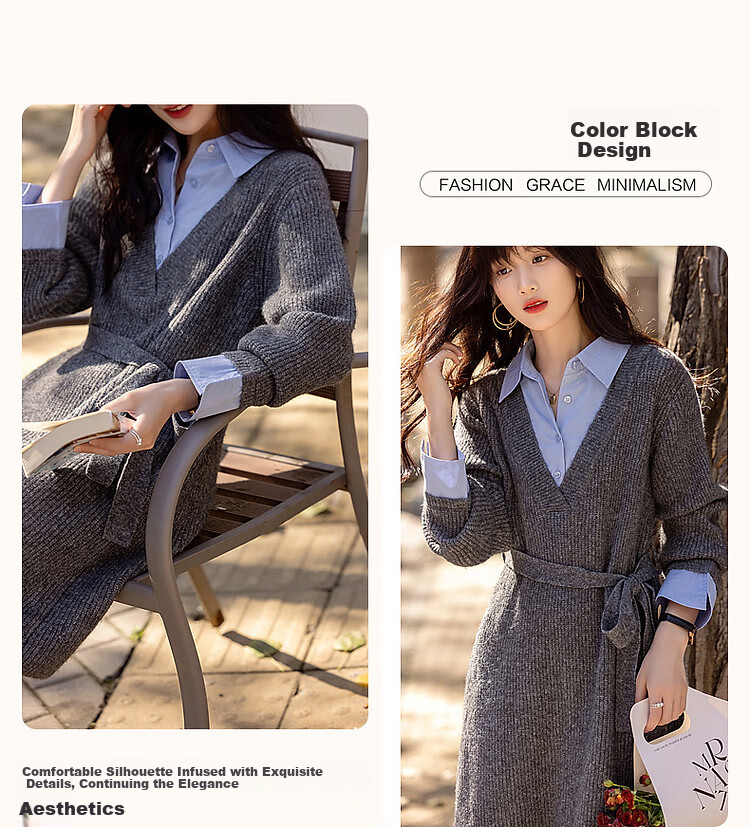 Dme [Tianyan Gaozhi Chande] Winter Faux Two-Piece Color-Block Belt with Breathable Merino Wool A-Line Dress for Wome 5