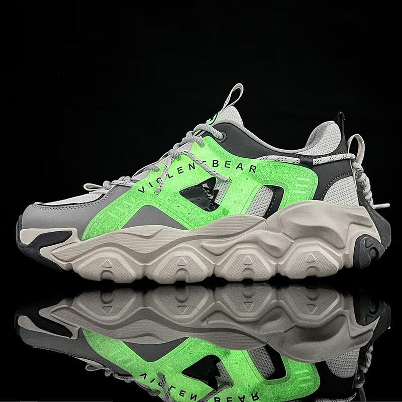 VIOLENTBEAR Men's Sneakers, Sports Shoes for Spring And Summer, Mesh Breathable Dad Shoes, Non-Slip Couple Shoes, White And Green [Luminous Version], Size 40 22