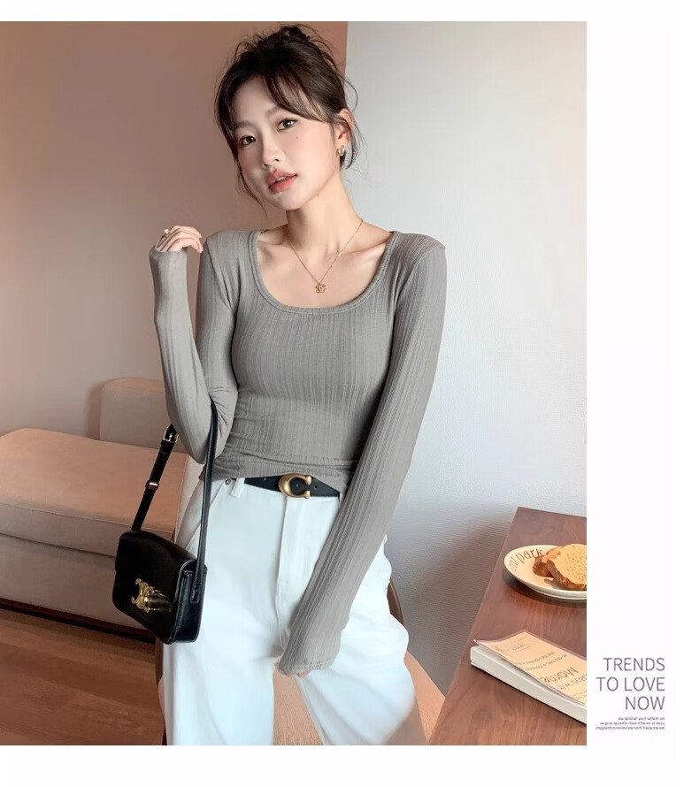 Yuzhaolin Women's Basic Long Sleeve T-Shirt Thin Large U-Neck Slim Fit Simple Versatile Top for Spring and Autumn 11