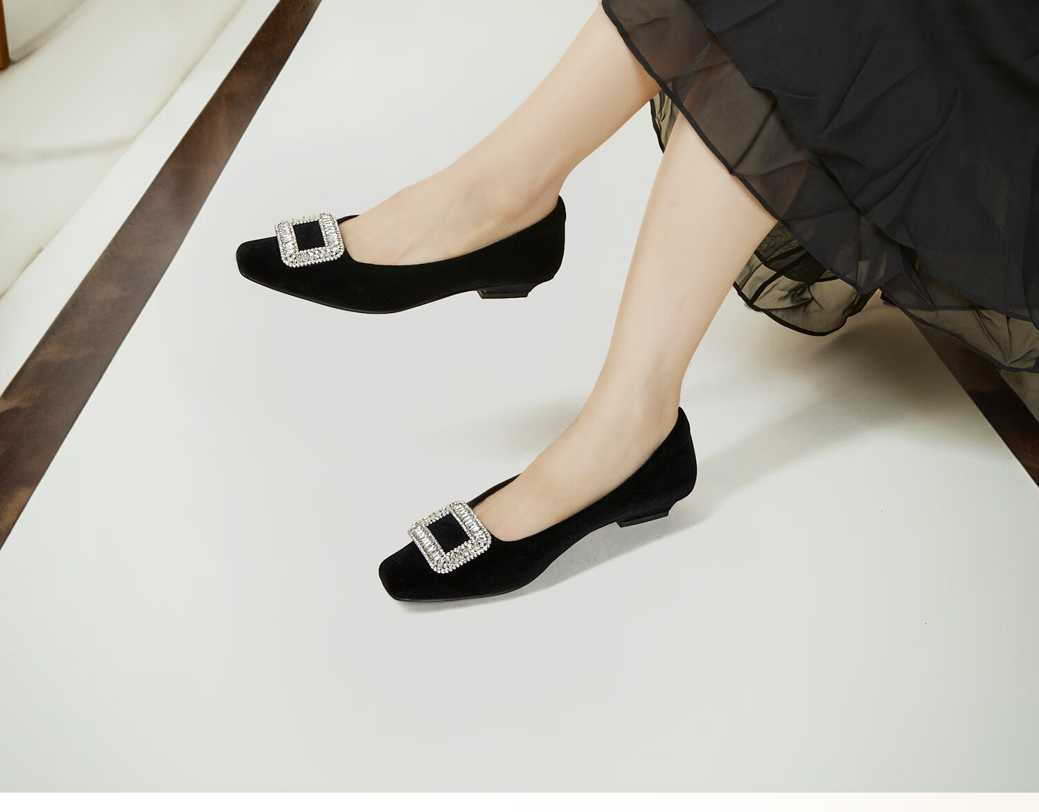 COMELY Rhinestone Square Buckle Women's Flats, Spring New Style Genuine Leather Low-Heel French Gold Flat Shoes, Light Gold, Size 34 13