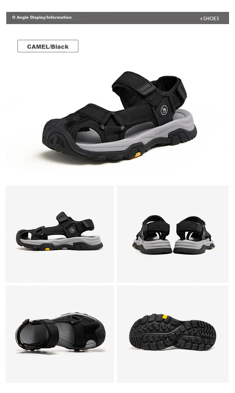 CAMEL Brand, Hollow Breathable Closed-Toe Outdoor Beach Casual Velcro Men's Sandals P14M307605, Black, Size 43 8