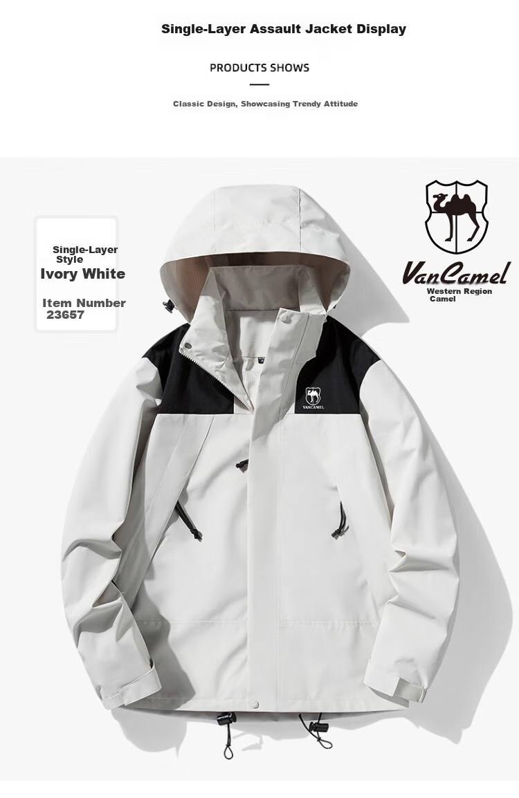 VANCAMEL Jacket for Men, Casual Sports Outdoor Windbreaker, American Street Style Unisex Outerwear, Ivory White, 3XL 1