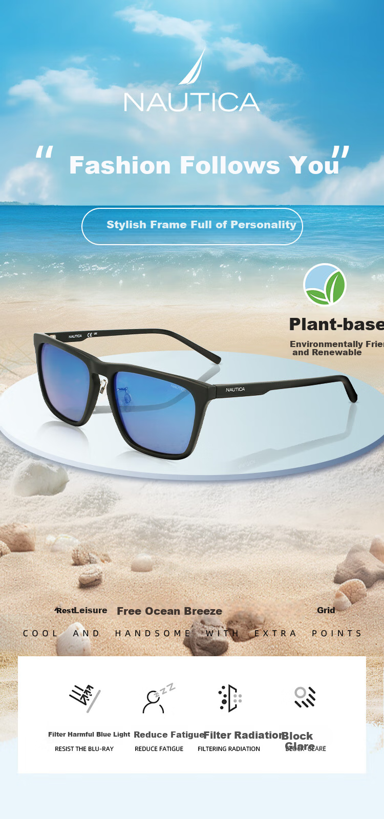 NAUTICA Polarized Driving Square Frame Men's Classic Sunglasses N6006SL 410-Transparent Blue 1