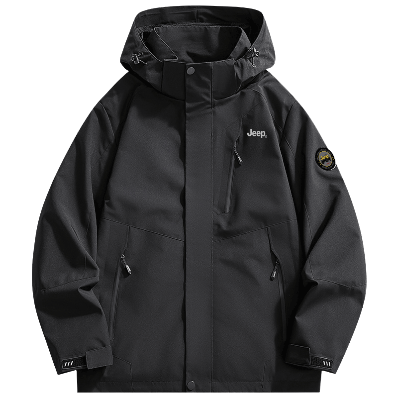 JEEP Windbreaker Jacket for Men And Women, Spring Season, Hooded Windproof Outdoor Hiking Coat for Men, Black, 2XL