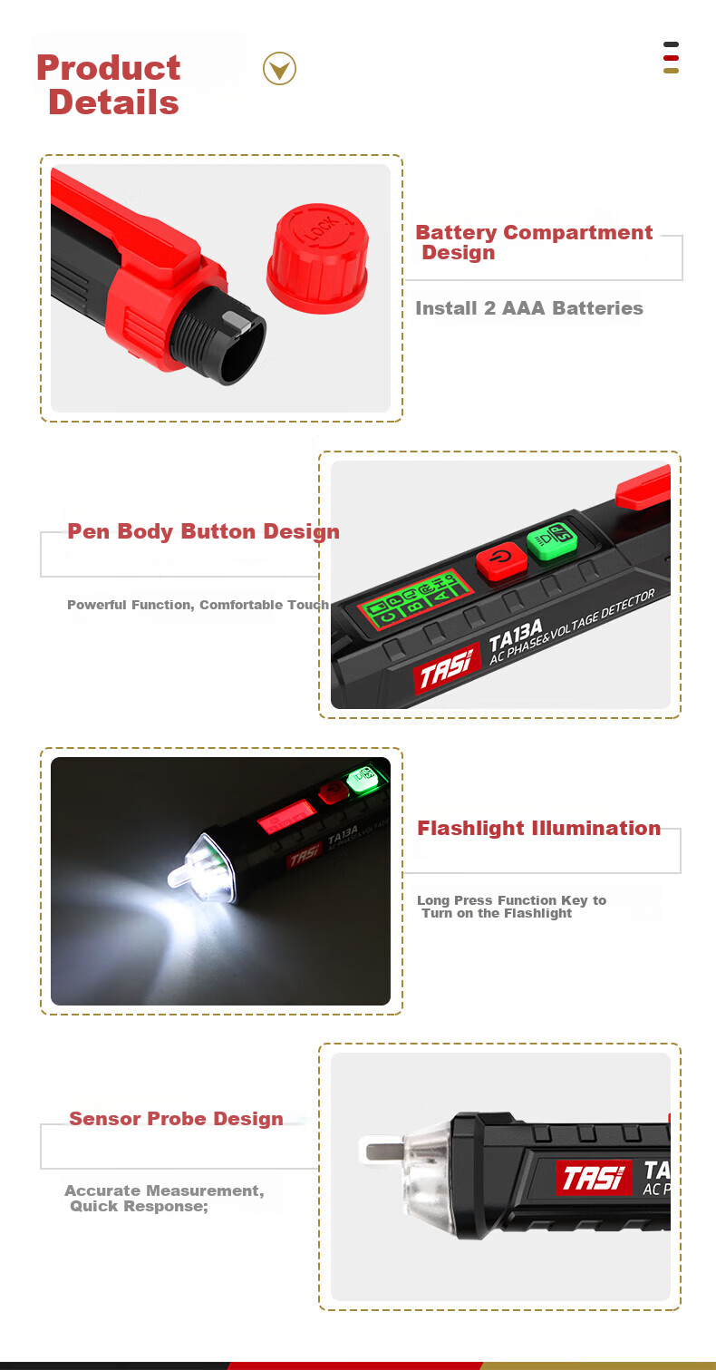 Teansi Intelligent Non-Contact Voltage Detector Pen, Phase Sequence Detection, Breakpoint Testing, Voltage Tester TA13A 5