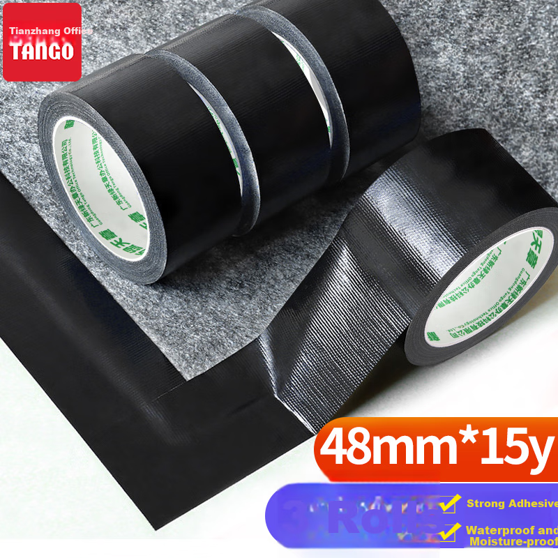 TANGO Office Strong Carpet Tape, Windproof, L-Shaped, Sealing, High Adhesion, Wear-Resistant, Waterproof Tape, Can Be Hand-Torn, Black, 48mm*15y (13.7 Meters), 3 Rolls Per Pack