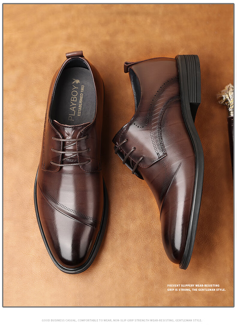 PLAYBOY Men's Leather Shoes, British Trendy Pointed Toe Lace-Up Formal Business Shoes, Groom Wedding Shoes, Black, Size 42 2