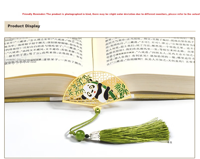 Fenshang Folding Fan Panda Bookmark, Cute Creative Metal Hollow Brass-Colored Chinese Style Student Reading Page Divider, Simple Artistic Tassel Birthday Gift 1