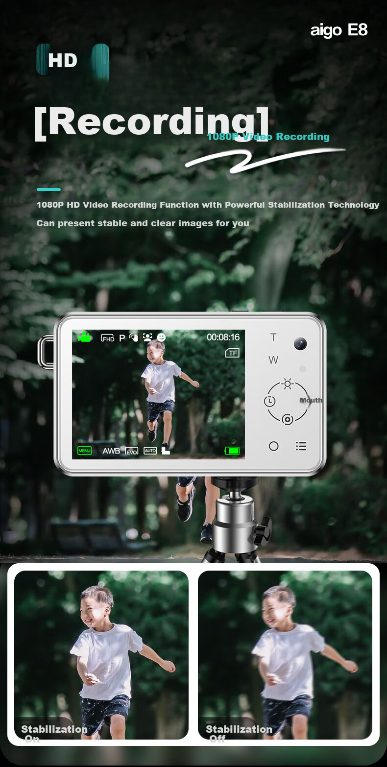 Aigo E8 Student Digital Camera, Touchscreen Compact Camera, Metal Body, Campus High-Definition Travel Alternative Ccd, Front And Rear Dual Cameras for Selfies, 64GB White 10