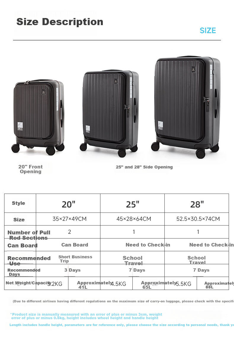 CROWN Zipper Aluminum Frame Suitcase, Carry-On Luggage, Large Capacity Front-Opening Case, Small Size 5278-20 White 11