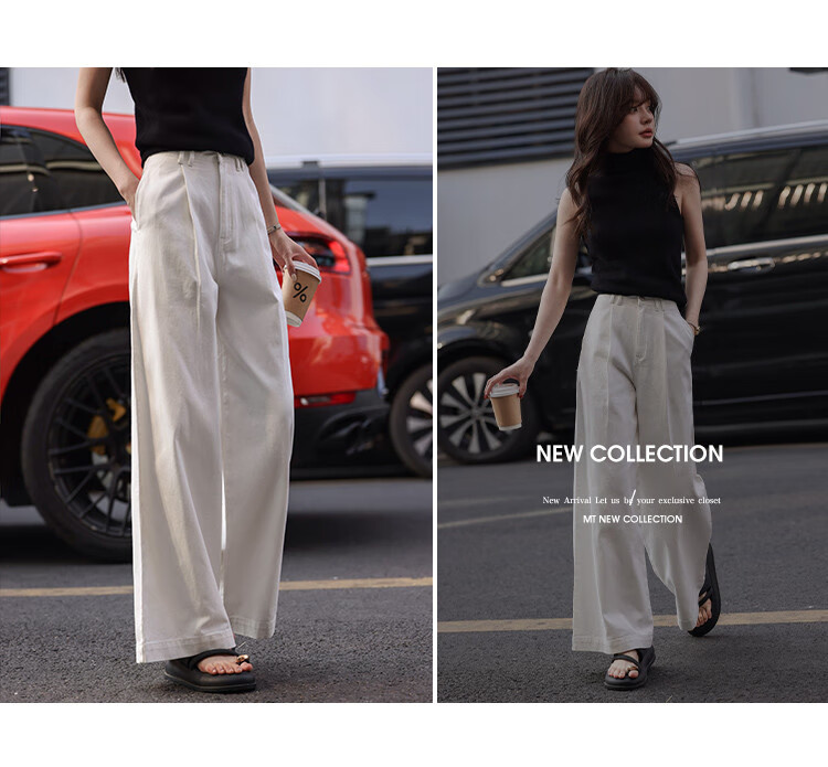 MT American Street Style Denim Jeans Spring Autumn Simple Loose White Cotton Wide-Leg Pants Off-White L 10