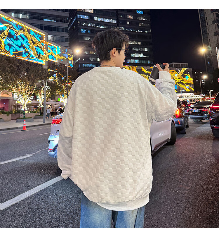Dingfengbaoluo Japanese-Style Plaid Crew Neck Sweatshirt for Men, Spring Loose-Fitting High-End Casual Base Layer Top DFL77 Black XL 5