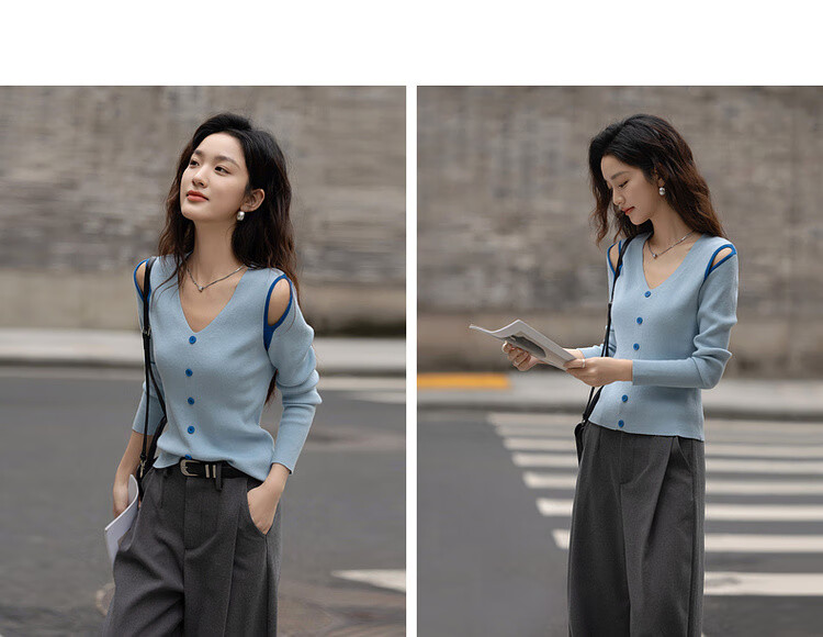 Dme [Light Oxygen Sea Salt] Spring Korean Style Hollow-Out Contrasting Color V-Neck Sweater, High-Elasticity Comfortable Long-Sleeve Knit Top for Wome 5