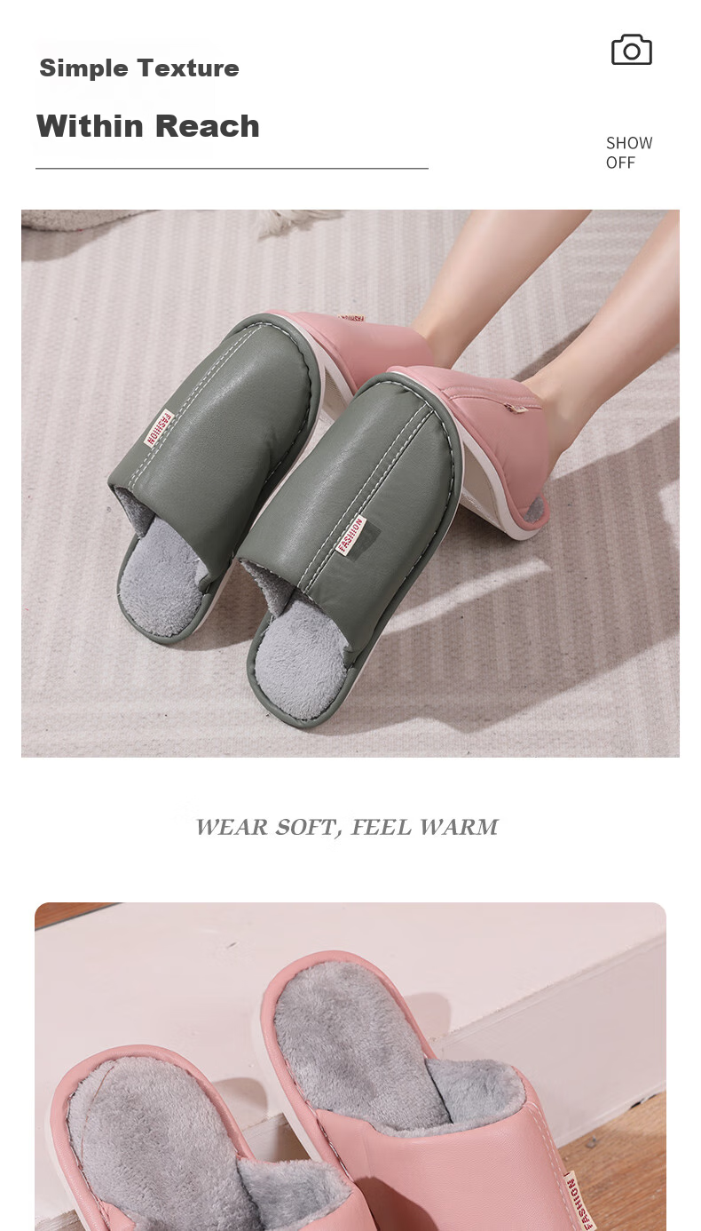 FOOTOPPO PU Leather Slippers for Men, Cotton Slippers for Winter, Thick-Soled Non-Slip Warm Furry Slippers, Soft-Soled Men's Home Shoes, Waterproof Cotton Slippers for Wome 8