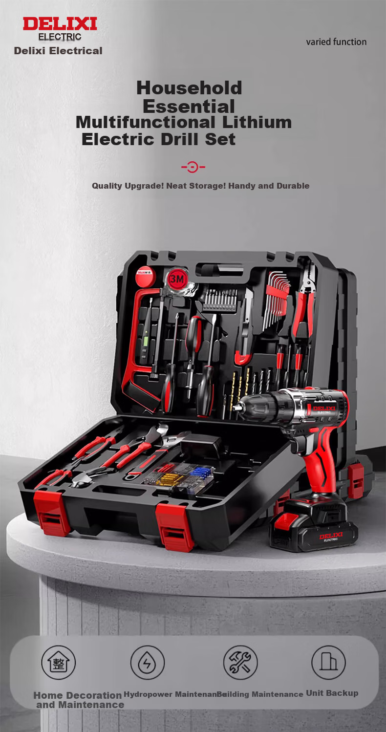 DELIXI ELECTRIC 21V Impact Household Lithium Drill, 122-Piece Set, Electrician-Specific Repair Multi-Functional Hand Drill Tool Box Complete Set 1
