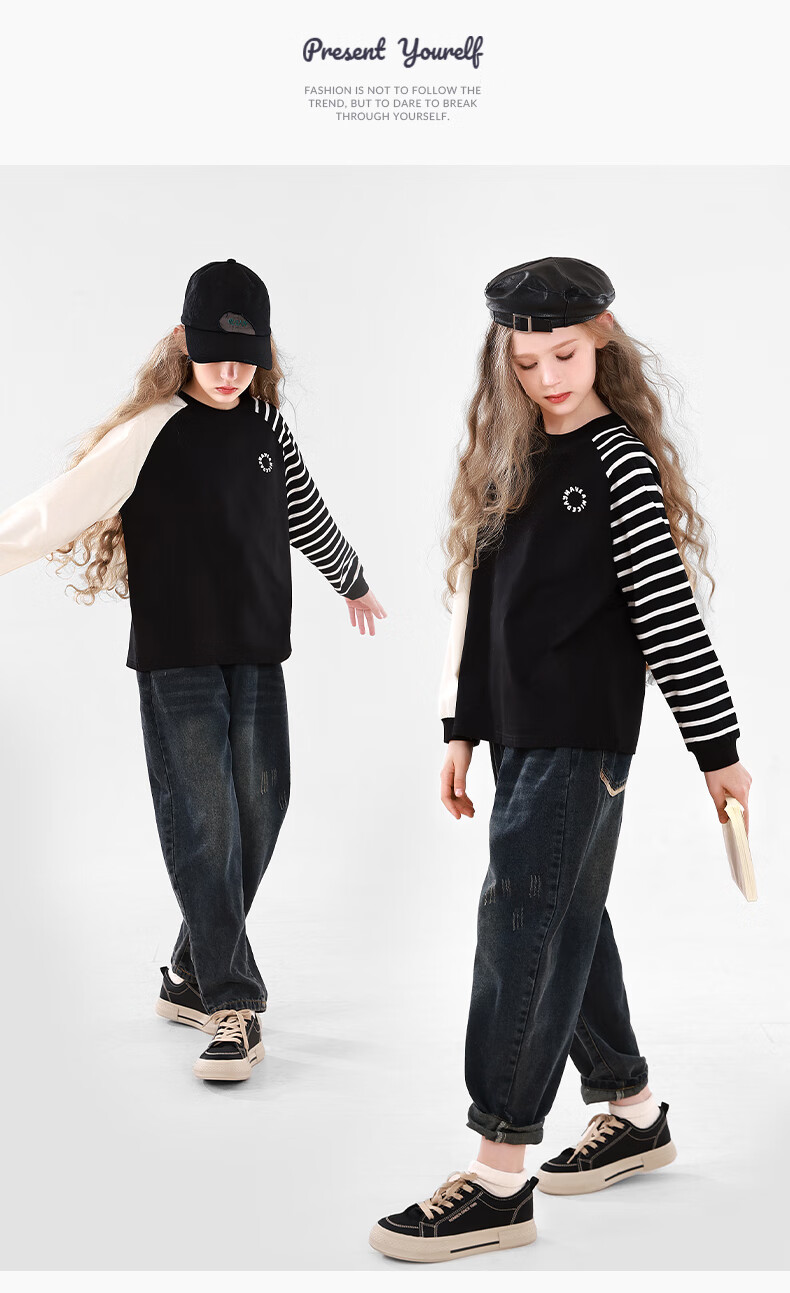 Duomiaowu Girls' Long-Sleeve T-Shirt, Spring And Autumn Top, Outdoor Children's Clothing, Stylish Base Layer for Kids, 910119 Black, Size 140 7