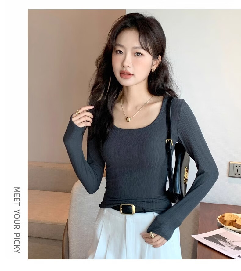 Yuzhaolin Women's Basic Long Sleeve T-Shirt Thin Large U-Neck Slim Fit Simple Versatile Top for Spring and Autumn 14