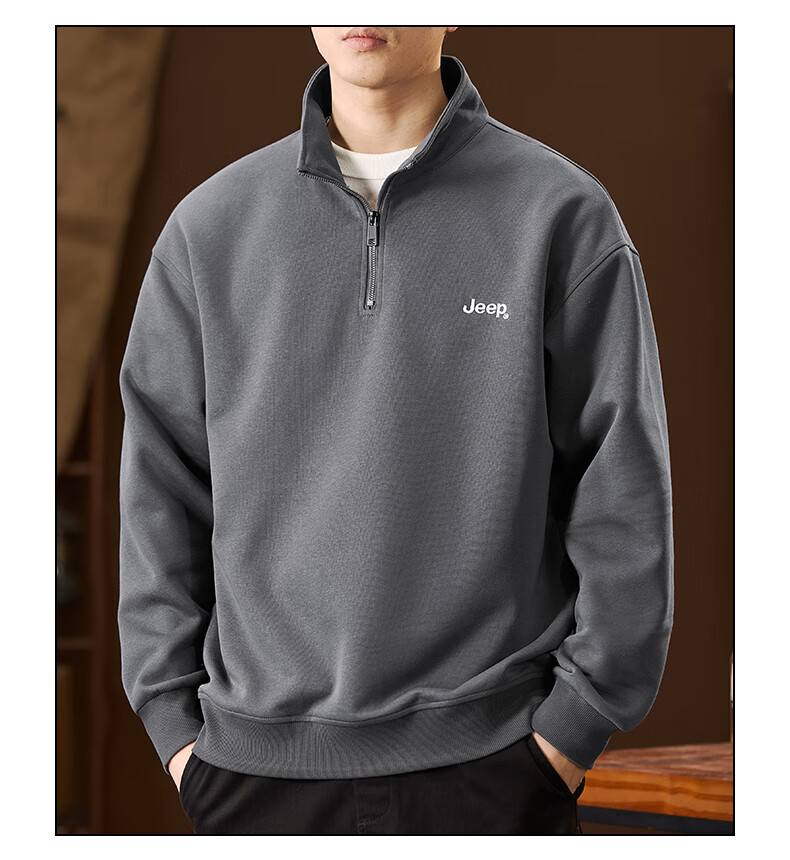JEEP American-Style Sweatshirt for Men, Spring Trendy Semi-Turtleneck Zip-Up Top, Loose Casual Long-Sleeve T-Shirt for Men's Clothing 13