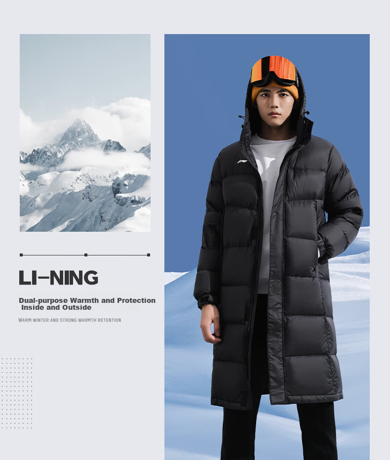 Li-Ning Long down Jacket, Table Tennis Wear, Thickened Warm Windproof Coat, Unisex Style, Black, Size M 14
