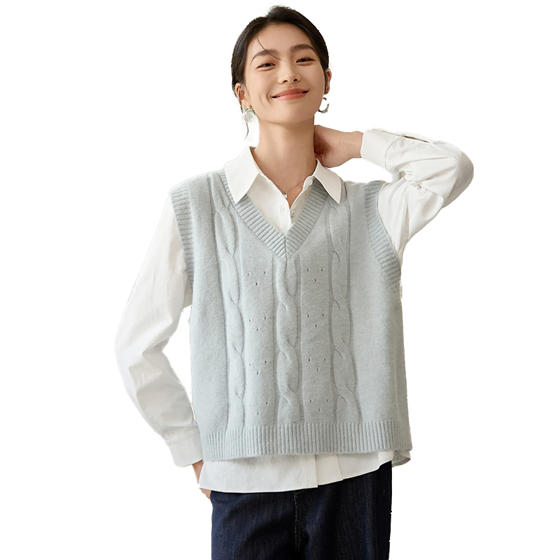 Chushen Spring And Autumn Knitted Vest for Women, Fashionable V-Neck Layered Knit Sweater Vest S51Z007 Light Gray Blue M