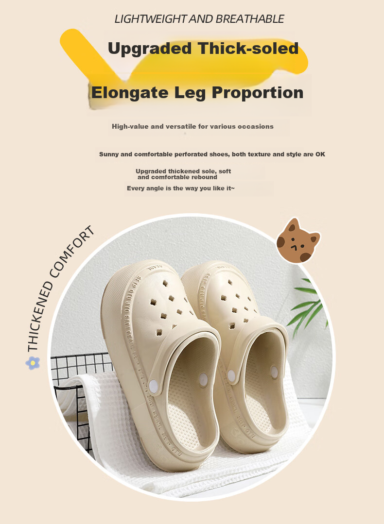 GUOLUOFEI Perforated Closed-Toe Slippers for Men, Outdoor Wear, Summer Thick-Soled Non-Slip Beach Sandals for Women, Khaki, Size 37-38 1