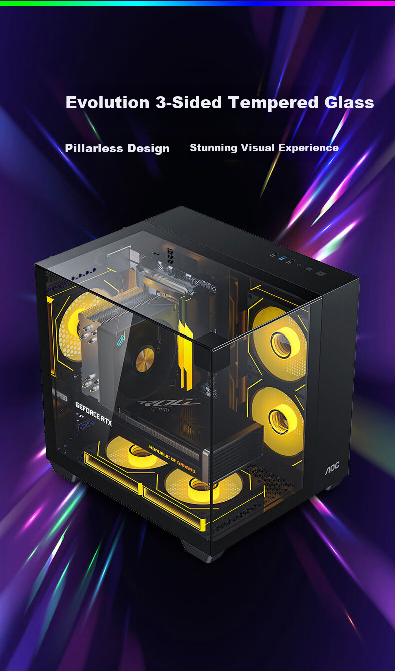 AOC Starry Sea CG389 Black Gaming Computer Case, Three-Sided Glass/No Pillars/Supports MATX/5 Fan Positions/3D Panoramic View/Lower And Upper Compartments 2
