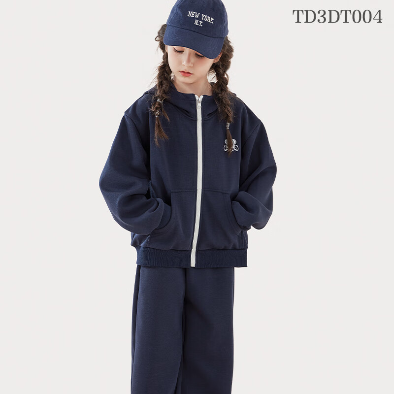 Disney Girls' Outfit, Spring And Autumn Season, Stylish Big Kids Casual Zipper Hooded Sweatpants Two-Piece Set, 3DT004 Navy Blue, Size 120