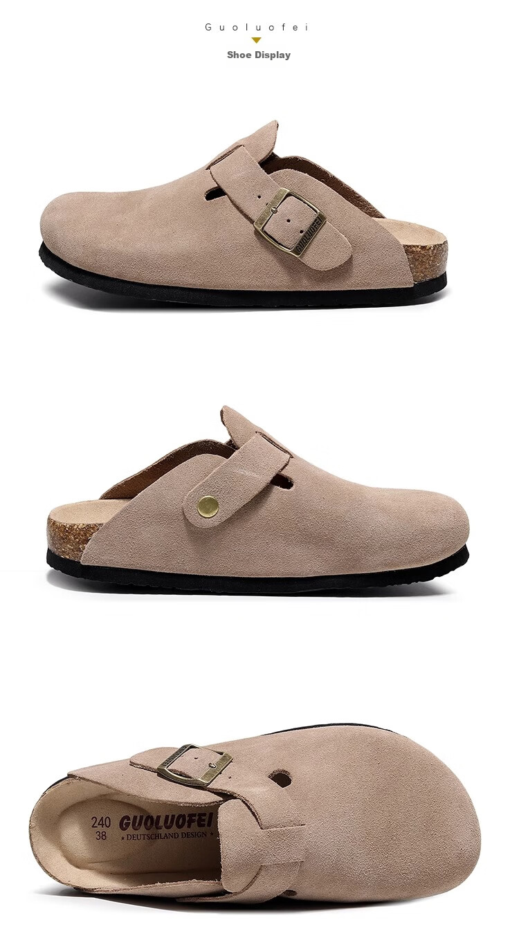 GUOLUOFEI Cork Shoes Birkenstock-Style Shoes for Couples, Fashionable All-Season Slippers for Men And Women, Outdoor Wear Cowhide Closed-Toe Shoes, Apricot Color, Size 39 5
