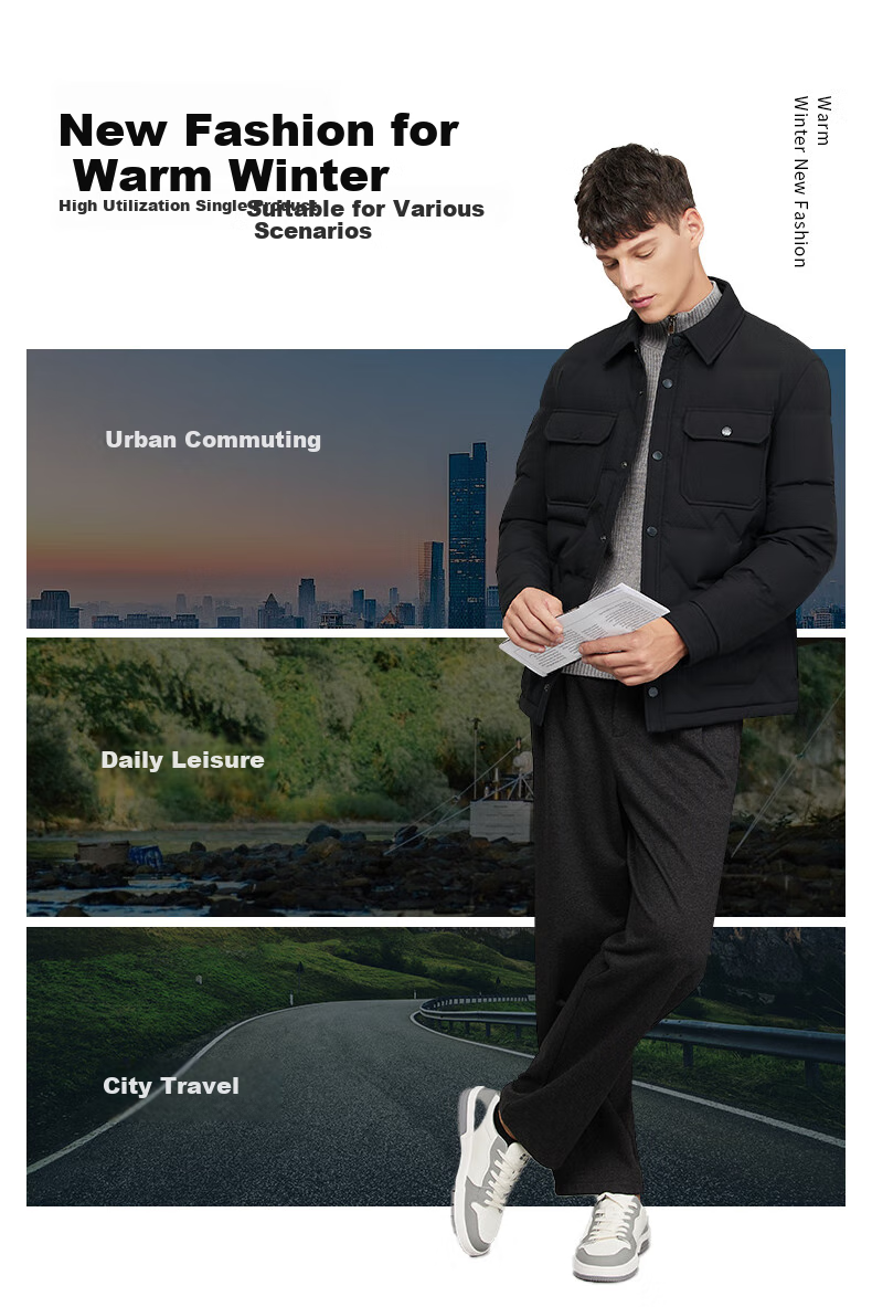 DANCING WOLVES [90% White Duck Down] Fashionable Lapel Pocket Workwear Style Jacket for Men, Thick down Coat, 001 Black, Size 165 5