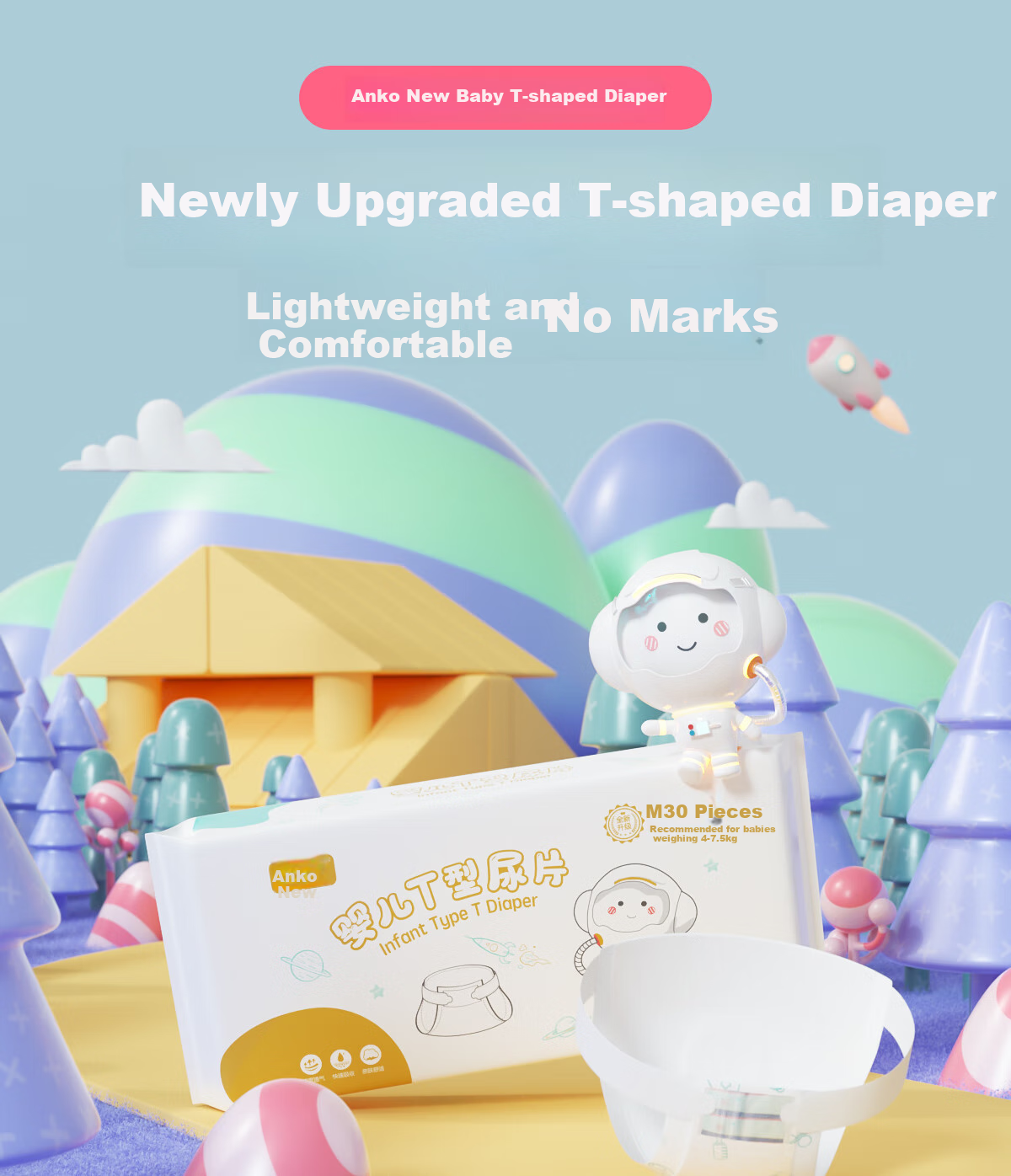 Ankexin Disposable T-Shaped Diapers for Infants And Newborns, Triangle Diaper Pants Pull-Ups, 60 Pieces M Size 1