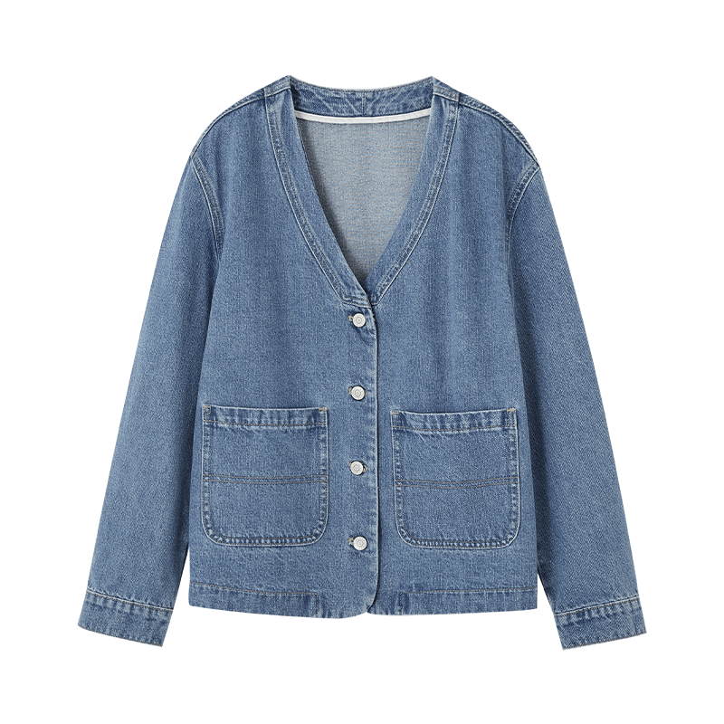 Dme [Cool And Stylish] Spring V-Neck Classic Washed Denim Blue Jacket for Wome