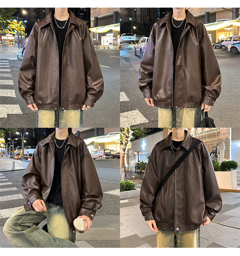 SWAMP AREA Men's Solid Color Leather Jacket, Spring And Autumn Hip-Hop Style Outerwear, American Retro Motorcycle-Inspired Coat, SWC99 Coffee Color, Size L 7