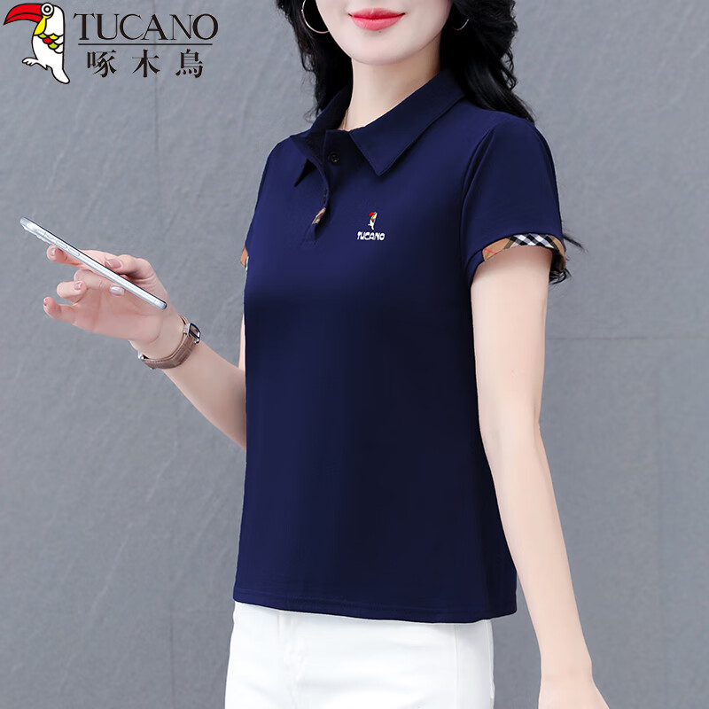 TUCANO Lapel Short-Sleeve T-Shirt for Women, New Summer POLO Shirt, Pure Cotton Regular Shoulder Slimming Athletic Casual Top, Navy Blue, M