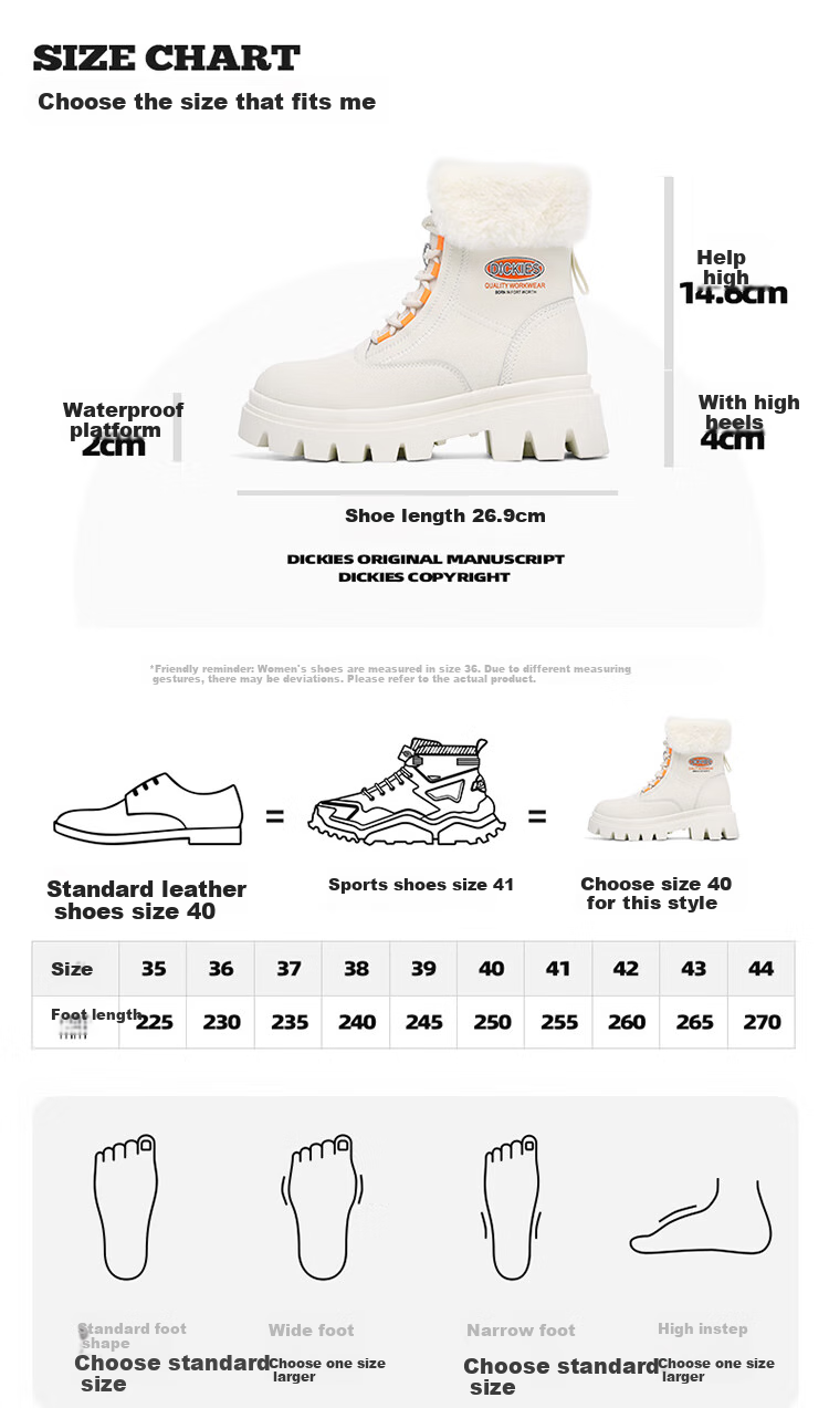 Dickies Women's Snow Boots, Women's Boots, Fleece-Lined Martin Boots, Thickened Warm Cotton Boots, High-Top Casual Boots, Beige, Size 39 3