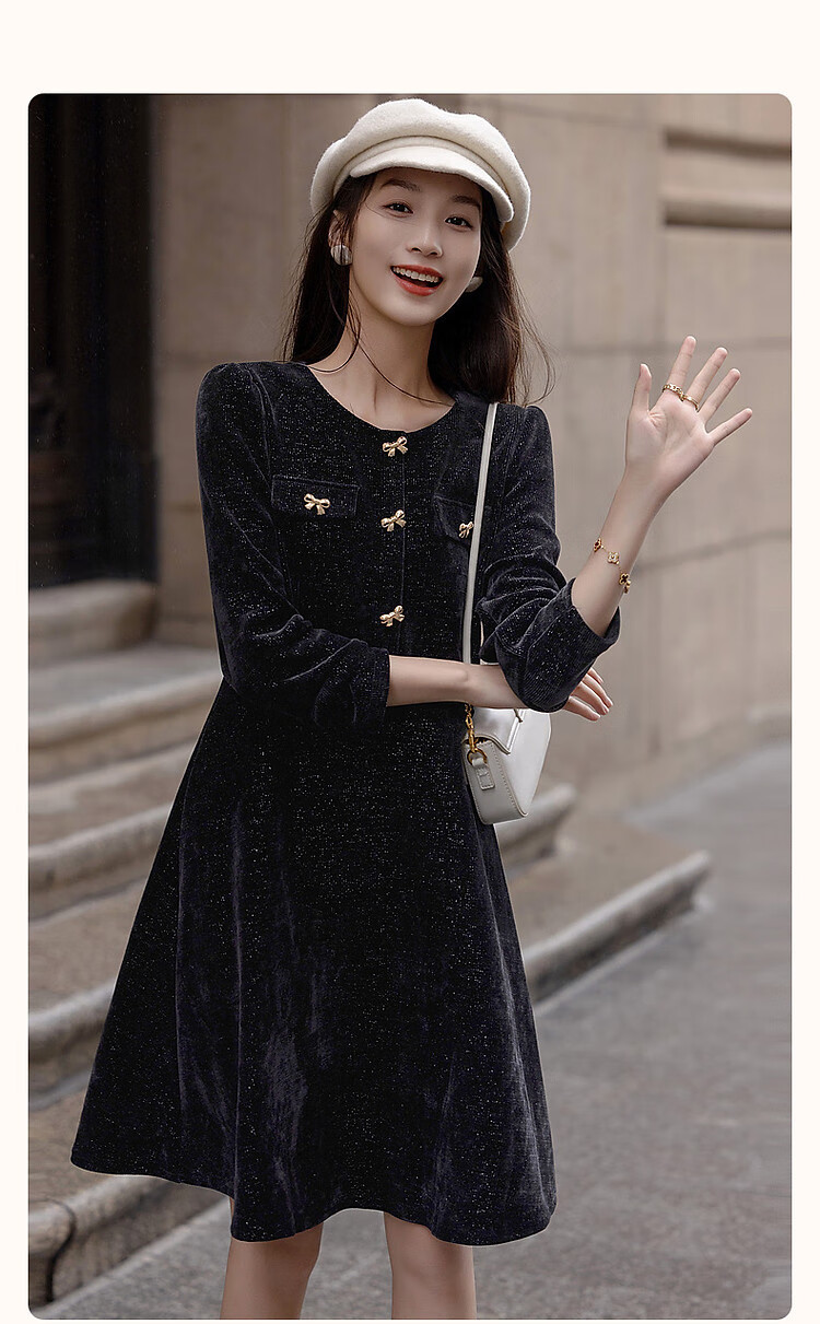DME "New Year and Roses" Autumn/Winter Velvet Touch Shiny Silk Butterfly Bow Decorated Bubble Sleeve Waist-Enhancing Elegant Women's Dress 1