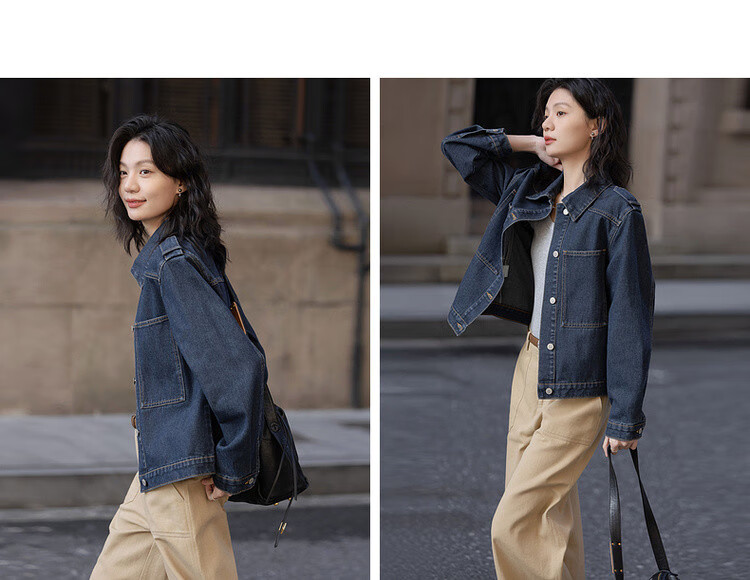 Dme [Zhai Ai Dian Ning] Spring Simple Commuter Cloud-Feel Cotton Shoulder Patch Decorated Lapel Sharp Short Women's Denim Jacket 5