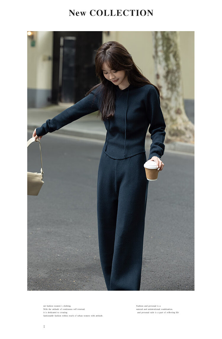 MT [Tranquil Charming Dark Navy] Winter Simple Knit Sweater with Elastic Waist Wide-Leg Pants Set 4
