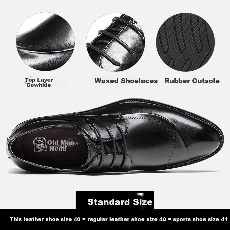LAORENTOU Men's Leather Shoes, Top-Grain Cowhide, Business Formal Shoes, Embossed And Distressed High-Quality Men's Shoes, 520502619, Black, Size 38