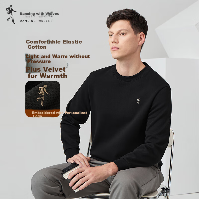 DANCING WOLVES [Xinjiang Long-Staple Cotton] Versatile Warm Men's Sweatshirt for Autumn And Winter, 001 Black (Fleece Lined), XL(180)